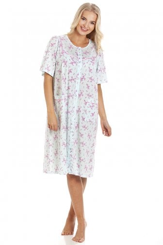 Womens Aqua Short Sleeve Button Up Floral Nightdress